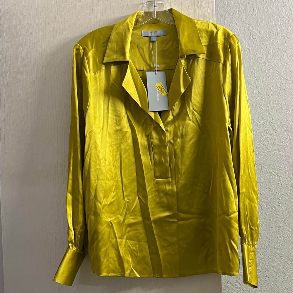 ANTONIO MELANI Chartreuse Satin V-Neck Blouse